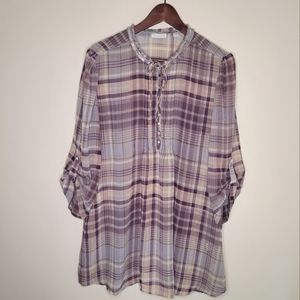 NY & Company Semi Sheer Plaid Top Sz XL